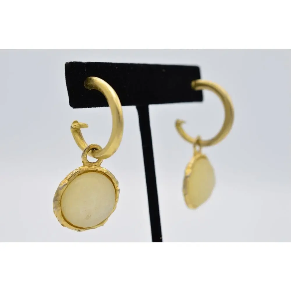 Vintage Cabochon Earrings Brushed Gold Dangle Frosted Milky Bead 1980s BinAA
